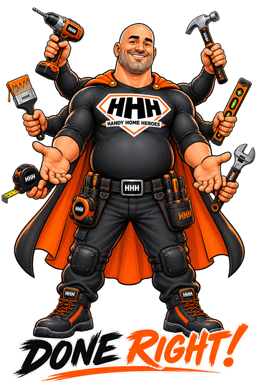 Handy Home Heroes character holding a drill, hammer, level, wrench, tape measure and paintbrush
